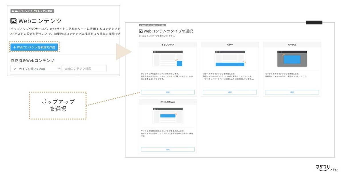 Webコンテンツタイプはポップアップを選択